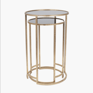 Veneziano Antique Gold Metal and Black Glass Side Tables
